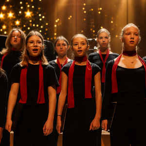 Der Kinderchor singt mit weihnachtlicher Beleuchtung.