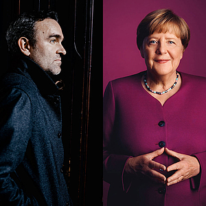 Porträtfotos zusammengesetzt zu einem der beiden Mendelssohn-Preisträger Angela Merkel und Jörg Widmann